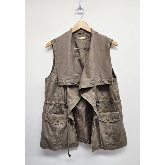 Democracy Utility Vest Asymmetrical Collar Taupe Women's Medium Drawstring READ - Picture 1 of 8